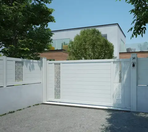 portail à lames alu avec décor
