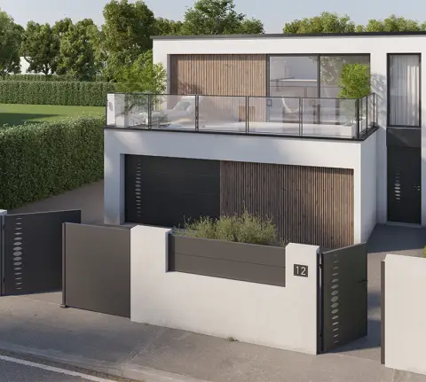 Portail Abysse coordonné à la porte d'entrée Bel'M et à la porte de garage Novoferm