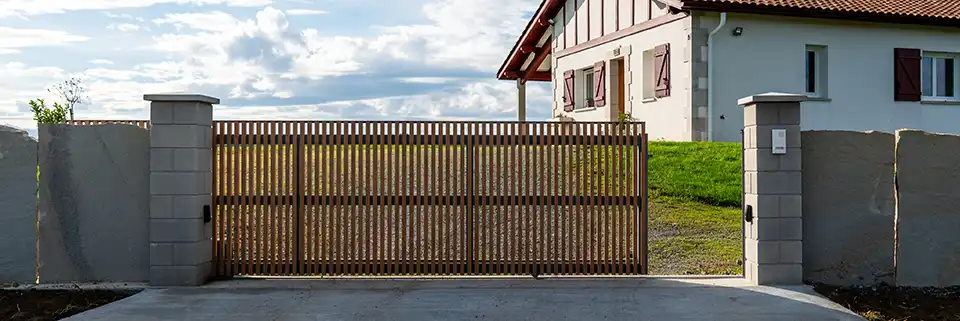 portail coulissant avec tasseaux en aluminium ton bois