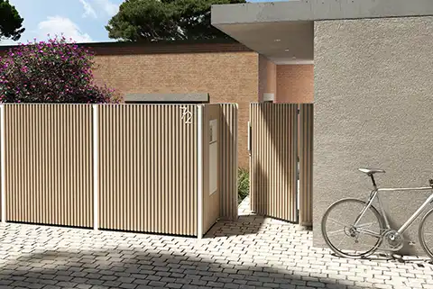 Portillon en aluminum sur-mesure | Modèle Abel avec tasseaux en aluminium imitation bois bouleau