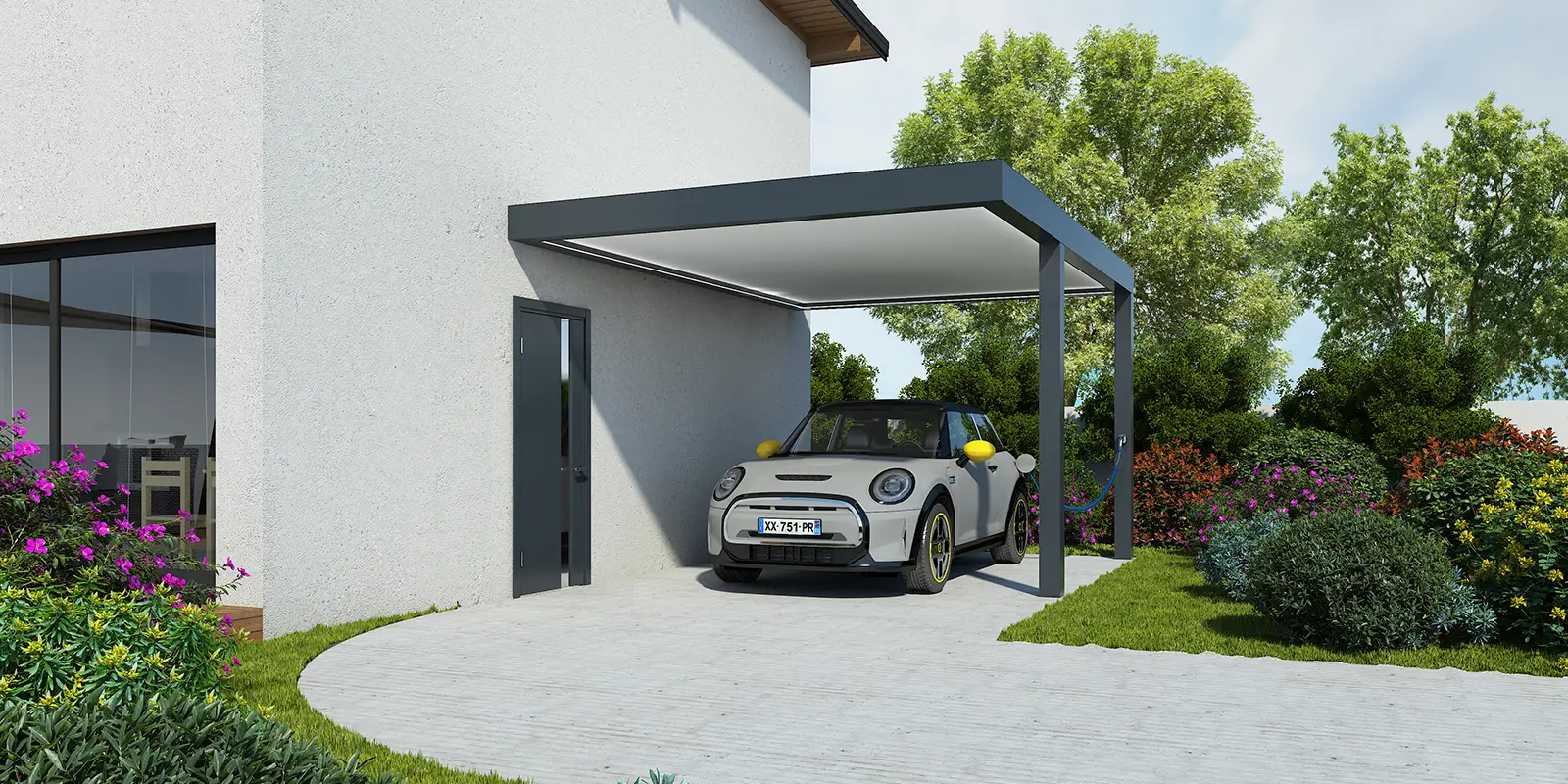 Attached aluminum Trevor carport with electric outlet - vehicle protection