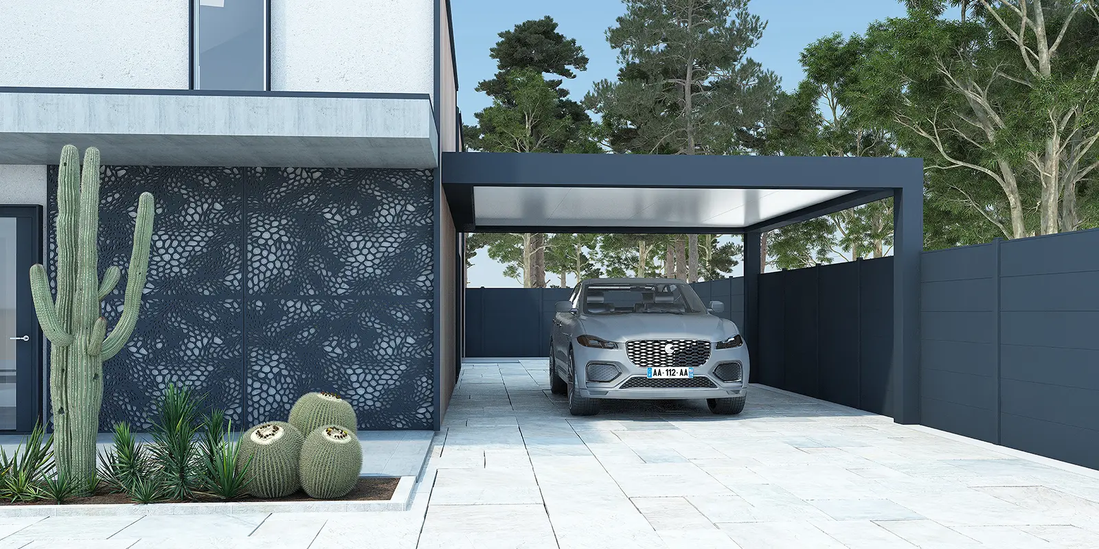 Carport autoportant aluminium Conor avec clôture - protection véhicules