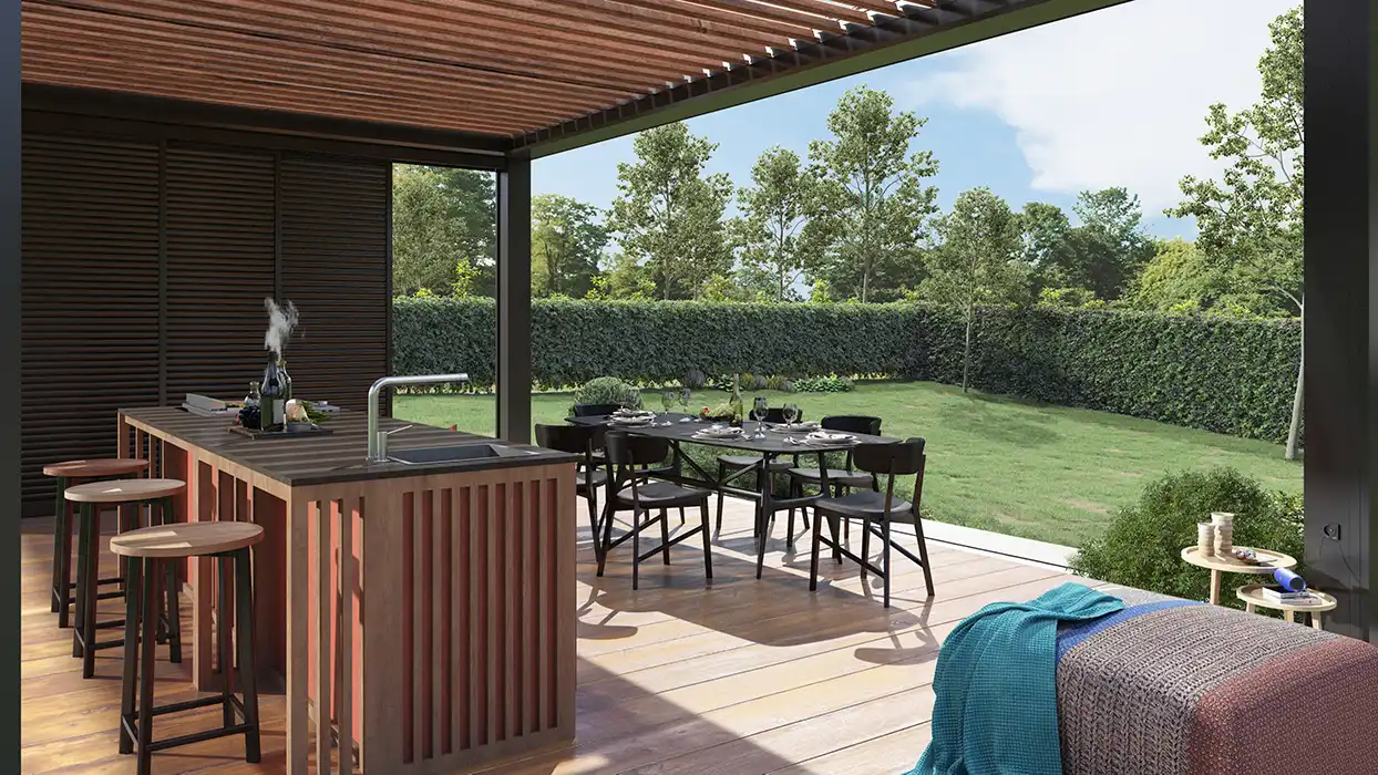 Kanell kitchen with Poppy pergola and sliding panels