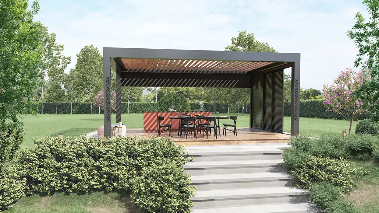 Overview of outdoor kitchen and Poppy freestanding pergola