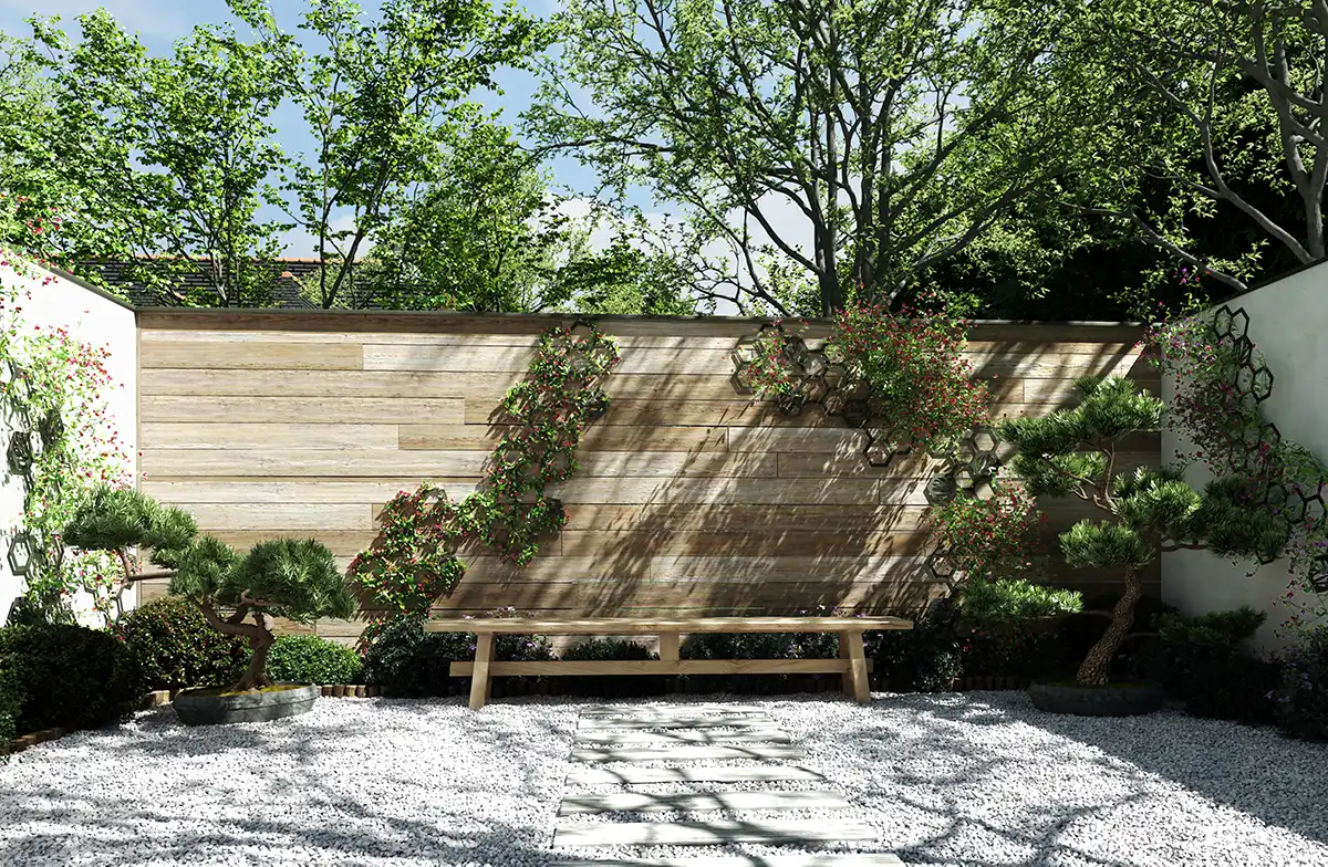 Treillis végétalisable Apis Kostum dans un jardin zen japonais