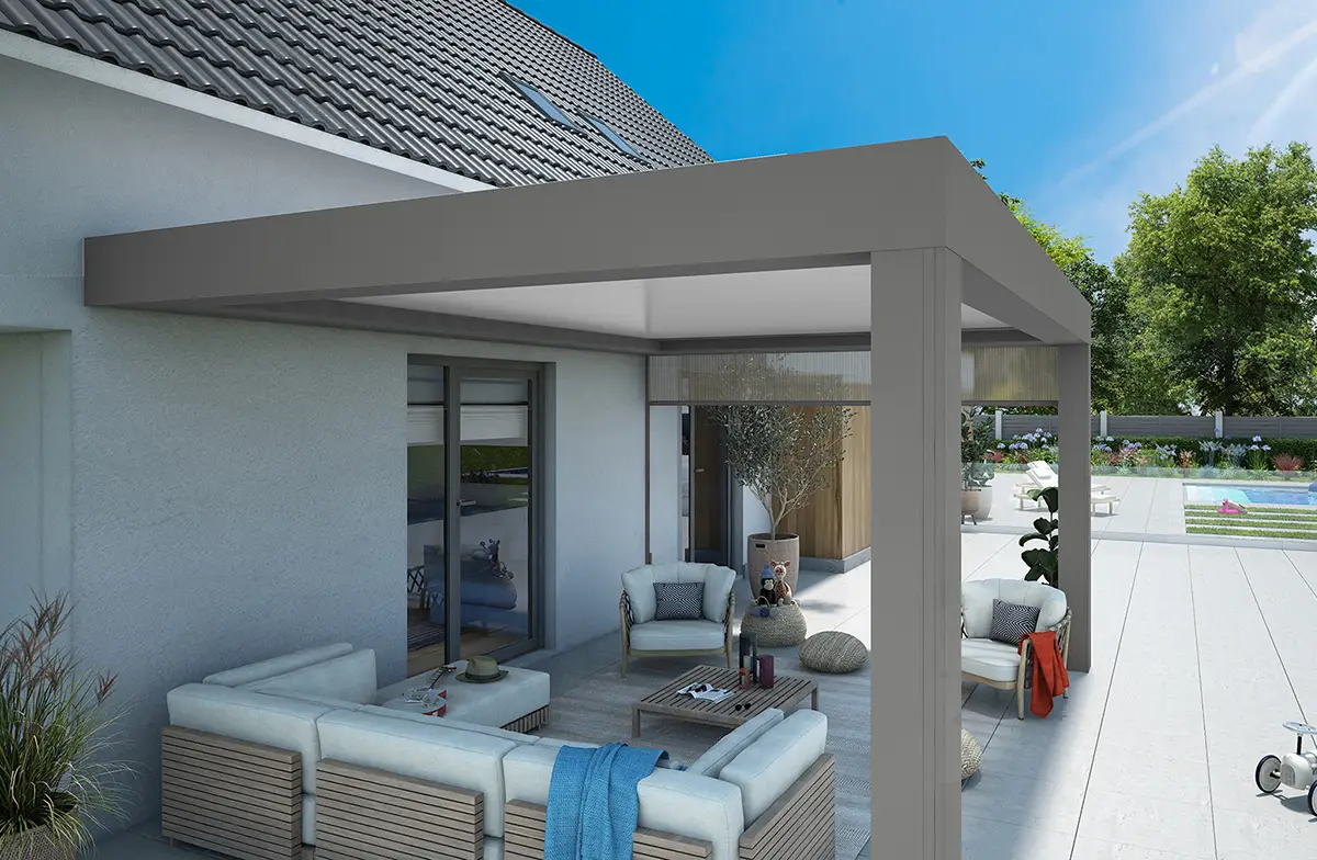 Attached solid aluminum Poppy pergola