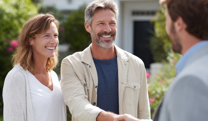 A couple talking with their Kostum installer in front of their house